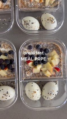 four plastic containers with food in them and the words break fast meal preppe below