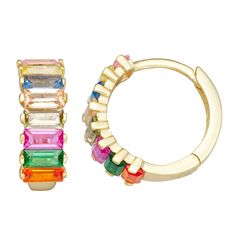 Decorated with colorful CZ gemstones, these 18k gold-over-silver hoops are a vibrant addition to your jewelry collection. Decorated with colorful CZ gemstones, these 18k gold-over-silver hoops are a vibrant addition to your jewelry collection. Length: 13 mm Backings: click-it Metal: sterling silver Plating: 18k gold flash plated Finish: polished Packaging: boxedSTONE DETAILS Stone type: cubic zirconia Total weight: 2 9/10 ct. Shape: rectangle Setting: prong Gemstones may have been treated to enh Multicolor Huggie Hoop Earrings, Multicolor Multi-stone Hoop Earrings, Multicolor Round Huggie Earrings For Gifts, Multicolor Round Huggie Earrings As Gift, Multicolor Huggie Earrings For Pierced Ears As A Gift, Multicolor Huggie Hoop Earrings For Gift, Multicolor Huggie Earrings For Gifting, Gold Multi-stone Hoop Earrings As A Gift, Multicolor Multi-stone Hoop Earrings As Gift