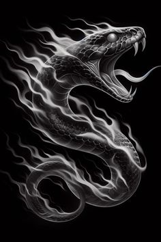 a black and white drawing of a snake with flames on it's back side