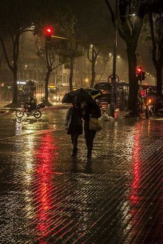 two people are walking in the rain with umbrellas and bicycles on a city street at night