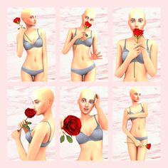 the woman is holding a rose in her hand and posing for different pictures with each other