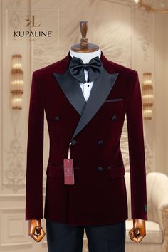 *Burgundy Men Tuxedo - Groom Suit *Fabric: 100%Wool Thick, Warm, Comfortable, Breathable, Softer, Wool Feeling *Center Six Button Blazer and Zipper Fly Pants *Slim Fit, 9 Cm Peak Lapel, 5 Cm Inclined Ticket Pocket *Double Vent On The Behind Of The Jacket *This Suit Has A 6" Drop Which Is The Difference Between The Size Of The Jacket & Pants. For Example, A 40r Jacket Includes A 34W Pant *Dry Clean Only *Available Eu Sizes: 48-50-52-54-56-58 *Available Us Sizes: 38-40-42-44-46-48 *Important Note: Groom's Tuxedo Style Double Breasted Suit, Long Sleeve Suits For Groom, Wedding Three-piece Suit With Long Sleeves, Burgundy Tuxedo Suit For Formal Occasions, Elegant Burgundy Sets For Wedding, Elegant Burgundy Wedding Sets, Burgundy Tailored Tuxedo For Formal Occasions, Formal Burgundy Tuxedo, Classic Burgundy Wedding Suit