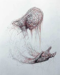 a drawing of a hand reaching out to another hand with red thread all over it