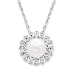 "Elevate your look with the elegant style of this pearl and diamond flower pendant necklace. Elevate your look with the elegant style of this pearl and diamond flower pendant necklace.  Pendant size: 11.5 mm Chain length: 16 in. - 18 in. Chain type: cable Clasp: lobster claw Nickel free Metal: sterling silver Plating: rhodium Finish: polished Packaging: boxedDIAMOND DETAILS Total weight: less than 1/10 ct. Shape: round Setting: micro prongCULTURED PEARL DETAILS Type: freshwater Size: 6.5 mm Shap Diamond Flower Pendant, Flower Pendant Necklace, Diamond Flower, Freshwater Cultured Pearls, Pearl Diamond, Flower Pendant, Cultured Pearls, Elegant Style, Freshwater Pearls