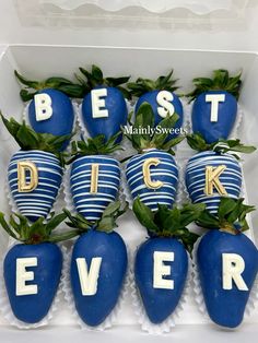 blue and white strawberries with the words best pick ever written on them in gold letters