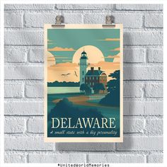 a poster on a brick wall with the words delaware in front of it and an image of