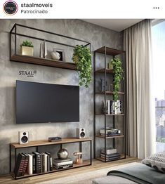 an entertainment center with bookshelves and plants on the wall, along with a flat screen tv