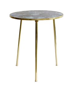 a round table with gold legs and a marble top