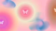 three butterflies flying in the air with pink and blue circles around them on a pastel background