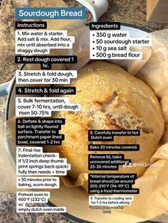 the instructions for sourdough bread in a bowl