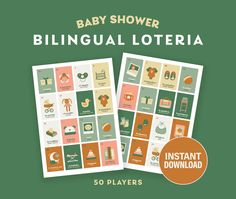 the baby shower bilingual loteria game is shown in green, orange and pink colors