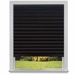 a window with black blinds on it