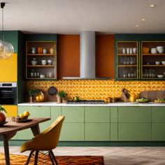 Modern kitchen with green and yellow cabinets, orange fish-scale backsplash, and stainless steel appliances. Colorful Eclectic Kitchen, Earthy Kitchen, Colorful Walls, Mid Century Interior Design