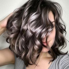 Chocolate Hair with Silver Specks Chocolate Silver Hair, Hair Cuts Short For Women, Salt And Pepper Hair With Bangs, Deep Chocolate Brown Hair Color, Taupe Highlights, Deep Chocolate Brown Hair, Highlights For Gray Hair, Layered Haircuts Medium