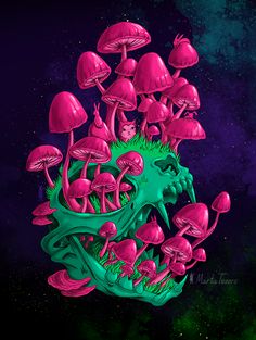 a bunch of pink and green mushrooms on a black background with space in the background