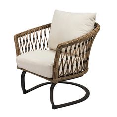 a wicker chair with a white cushion and black metal frame on an isolated white background