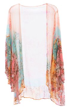 Hit the beach or kick it poolside in this flowy, semi-sheer kaftan that features an allover floral pattern, ruffled kimono-inspired sleeves and a sharkbite hem. Kimono-inspired sleeves 100% viscose Hand wash, line dry Imported Spring Beachwear Chiffon Cover-up, Spring Chiffon Beachwear Cover-up, Flowy Chiffon Cover-up For Vacation, Chiffon Beach Cover-up For Spring, Flowy Breezy Cover-up For Spring, Bohemian Chiffon Beach Cover-up, Breezy Flowy Spring Cover-up, Spring Breezy Flowy Cover-up, Spring Chiffon Beach Cover-up