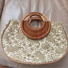 Beautiful New Handmade Summer Handbag. Perfect For Vacations Or Staycations! Radiant, Wicker, Handbag, Summer, Vacation, Resort Measures Included In The Last Pictures Nwot Beads On The Front Beige Handheld Beach Bag With Bamboo Handle, Cream Shoulder Bag With Bamboo Handle For Vacation, Handheld Beige Beach Bag With Bamboo Handle, Beige Beach Bag With Round Handle For Travel, Brown Woven Beach Bag With Round Handle, Beige Handheld Beach Bag With Leather Handles, Beige Bag With Bamboo Round Handle, Brown Pouch Straw Bag With Top Carry Handle, Daily Use Brown Beach Bag With Round Handle