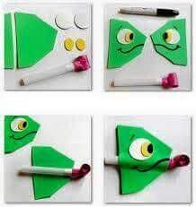 four pictures of different shapes and sizes of green paper with eyes, nose, lips and mouth