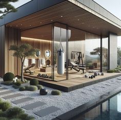 an artist's rendering of a house with a pool and exercise room in the background