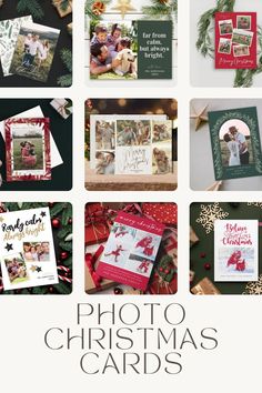 christmas cards with the words photo christmas cards in red, white and green on them