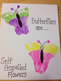 two butterflies painted on white paper with words written below them that read, butterflies are self - propelled flowers