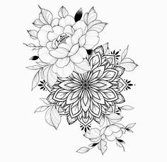 a black and white drawing of flowers with leaves on the bottom half of their petals