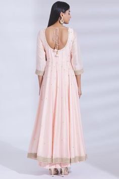 Shop for Bohame Peach Chanderi Silk Anarkali Set for Women Online at Aza Fashions Floor Length Anarkali, Silk Anarkali, Zardozi Embroidery, Sequin Embellishment, Embellished Neckline, Churidar, Set For Women, Festival Wear, Low Back