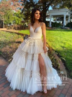 Leg Slit Ruffles Ball Gown Sweetheart Layered Prom Dress ARD2669-SheerGirl Layered Prom Dress, Princess Gowns, Tulle Long Prom Dress, Champagne Evening Dress, A Line Evening Dress, Beautiful Princess, Fabric Swatch, Tulle Prom Dress, Dresses Evening