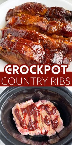 crockpot country ribs in the slow cooker with text overlay that reads crockpot country ribs