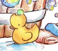 a drawing of a rubber ducky in front of a bathtub with soap bubbles