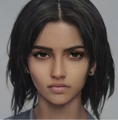 an animation image of a woman with black hair and brown eyes looking at the camera