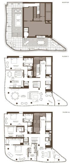 the floor plan for an apartment building with two levels and three floors, each with different areas