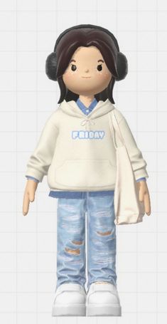 an animated girl with headphones on her ears, wearing jeans and a hoodie