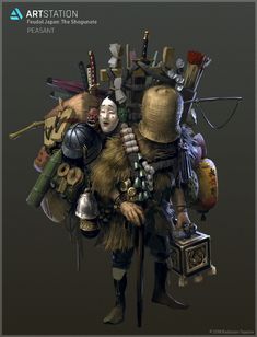 a man with many items on his back, and the words art station written below him