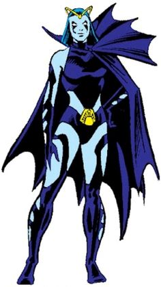 an image of a female batman with blue hair and yellow gloves, standing in front of white background