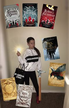 a woman standing in front of a wall with books on it