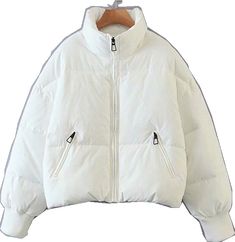 Puffer Outerwear With Stand Collar For Cold Weather, Cold Weather Puffer Outerwear With Stand Collar, Winter White Puffer Outerwear For Cold Weather, Winter White Puffer For Cold Weather, Casual Winter White Outerwear, Casual Winter White Outerwear For Winter, Solid Color Outerwear With Zipper Closure And Stand Collar, Casual Winter Utility Jacket With Stand Collar, Winter White Outerwear For Streetwear