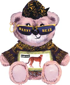 a pink teddy bear wearing sunglasses and a hat with a leopard on it's chest