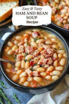 ham and bean soup in a black bowl