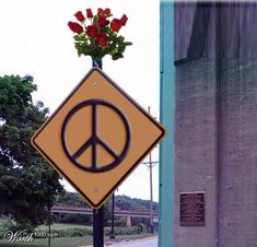 a peace sign with flowers in it on a pole next to a building and street