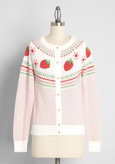 We are ‘berry’ excited to bring you this white cardigan sweater from our ModCloth namesake label! The quirky, exclusive Fair Isle pattern at the yoke features bright red strawberry motifs with pink and red flowers that are framed by red, green, and pink-hued zig-zags, along with miniature red polka-dots scattered all over. Made from a super soft cotton knit, this button-up sweater will be a sweet addition to your ensemble, year-round! White Cardigan Sweater, Pink And Red Flowers, Dots Clothing, White Strawberry, White Sweater Cardigan, Academia Style, Fair Isle Cardigan