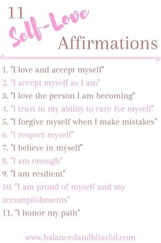 the 11 self love affirmations list is shown in pink and white text