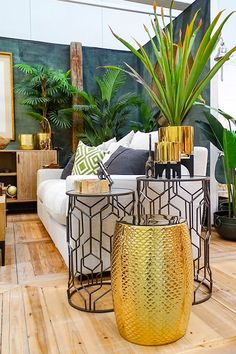 a living room filled with lots of furniture and plants on top of wooden flooring