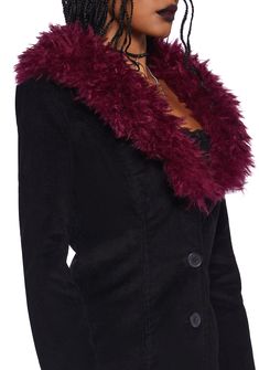 This coat has a corduroy construction, a fuzzy faux fur collared neckline, side pockets, floral embroidery on the cuffs and hem, and front button closure. Black Velvet Outerwear For Fall, Corduroy Coat, Faux Fur Collar, Fur Collar, Fur Collars, Black Media, Dolls Kill, Gothic Fashion, Black Coat