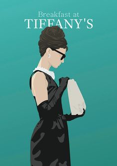 a woman in a black dress holding a bag with the words breakfast at tiffany's on it