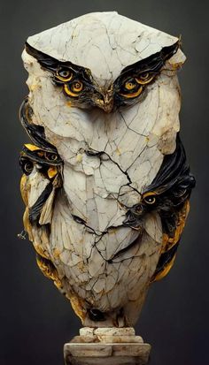 an owl statue with yellow eyes and black feathers on it's head is shown