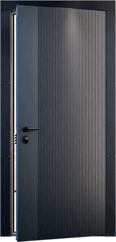 an open door with metal slats on the side and bottom panel, in front of a white background