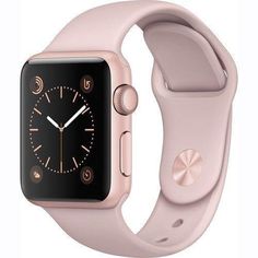 the apple watch is pink and has a black face with white numbers on its side