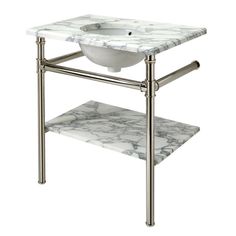 a white sink sitting on top of a metal stand with a marble counter top and legs